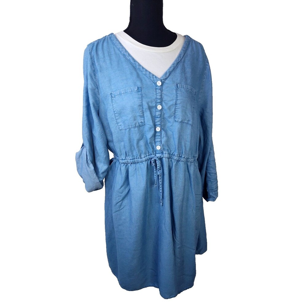 Torrid Dress Sz 1 Roll Up Long Sleeve 100% Lyocel Blue Dress Pockets Knee Length